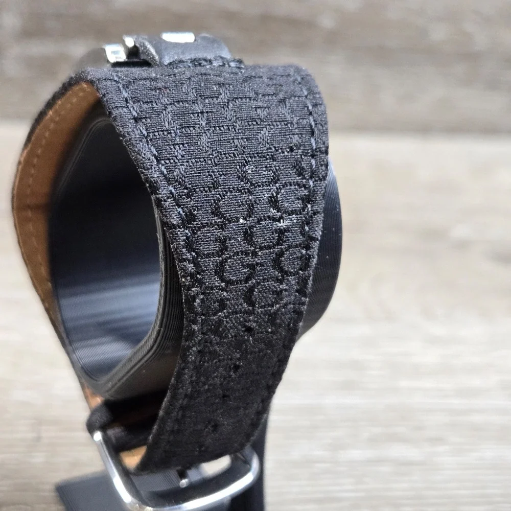 Guess Silver Tone Tank Women's Watch Black Fabric Cuff Band 6.5